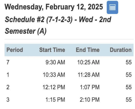 NEW SCHEDULE DISPLAYED on students' PowerSchool